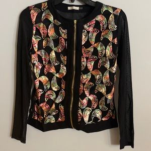 Carmin Abstract Black Sheer Zip Up Jacket Blazer New